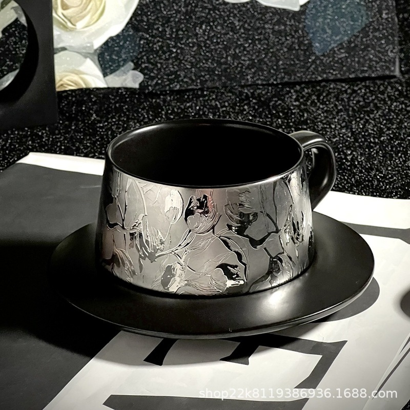 热卖中古风轻奢镀钛陶瓷咖啡杯碟银鹦繁花花面时尚INS风简约|undefined