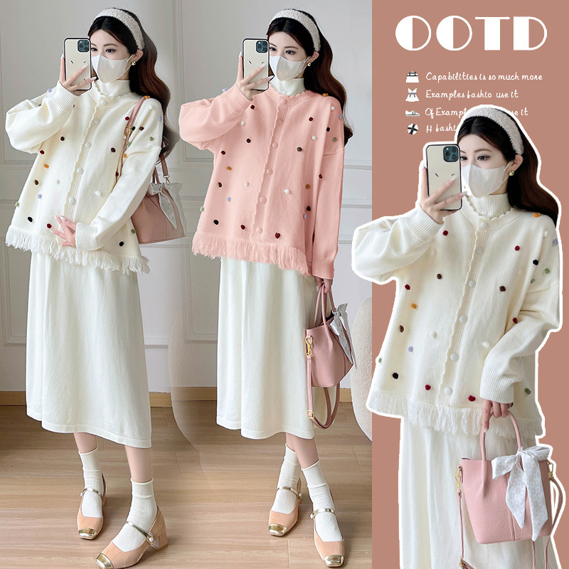 Maternity Clothing Autumn 2025 New Cardigan Sweater Maternity Dress French Style Outfit for Pregnant Moms Maternity Winter Set