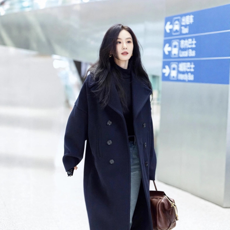 2025 Autumn and Winter New Wool Cashmere Navy Blue Outwear Classy Elegant Woolen Outwear Jacket for Women