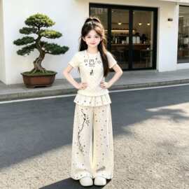 女童套装夏装2026新款洋气儿童时髦短袖T恤夏季大童阔腿裤两件套