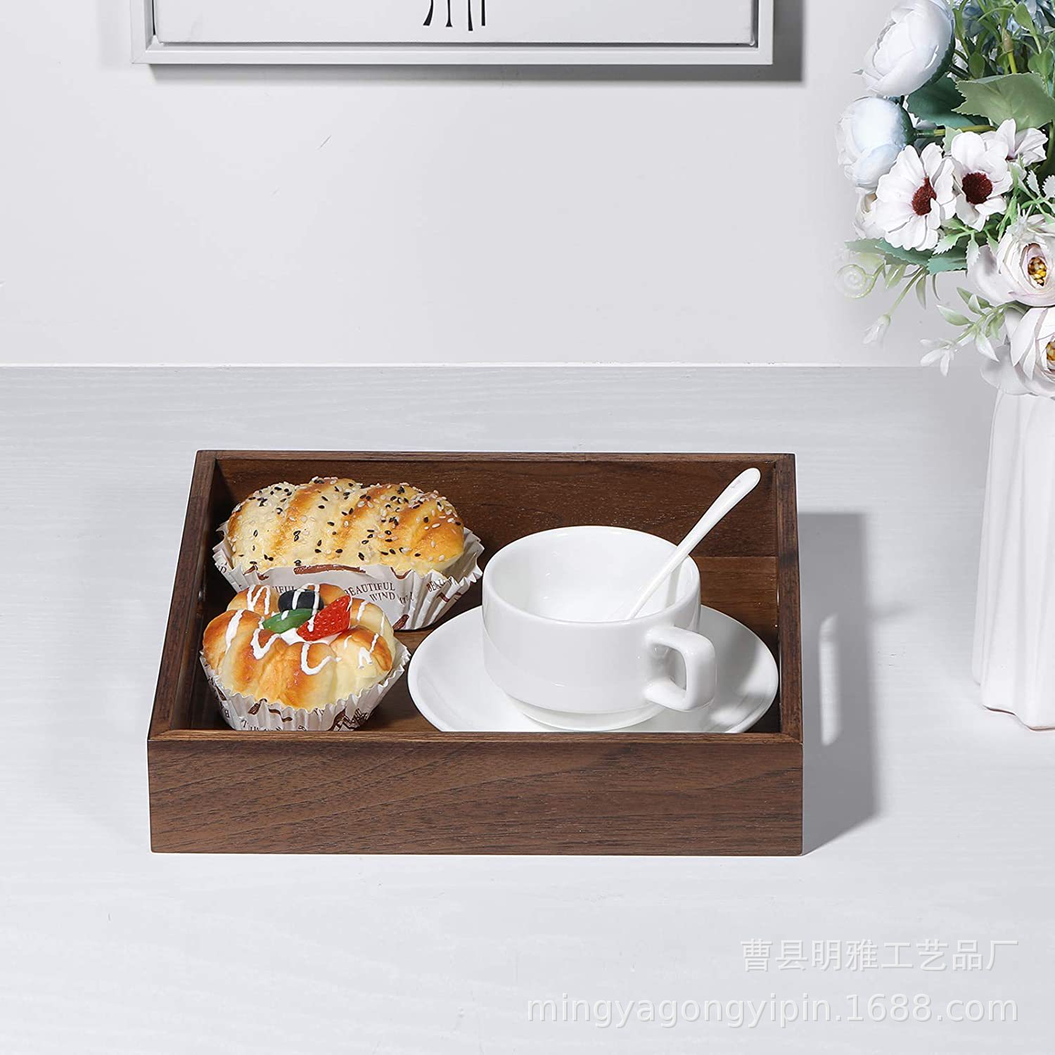 木质方形托盘 饭店服务托盘餐桌托盘 带手柄菜盘 烧色餐盘托盘