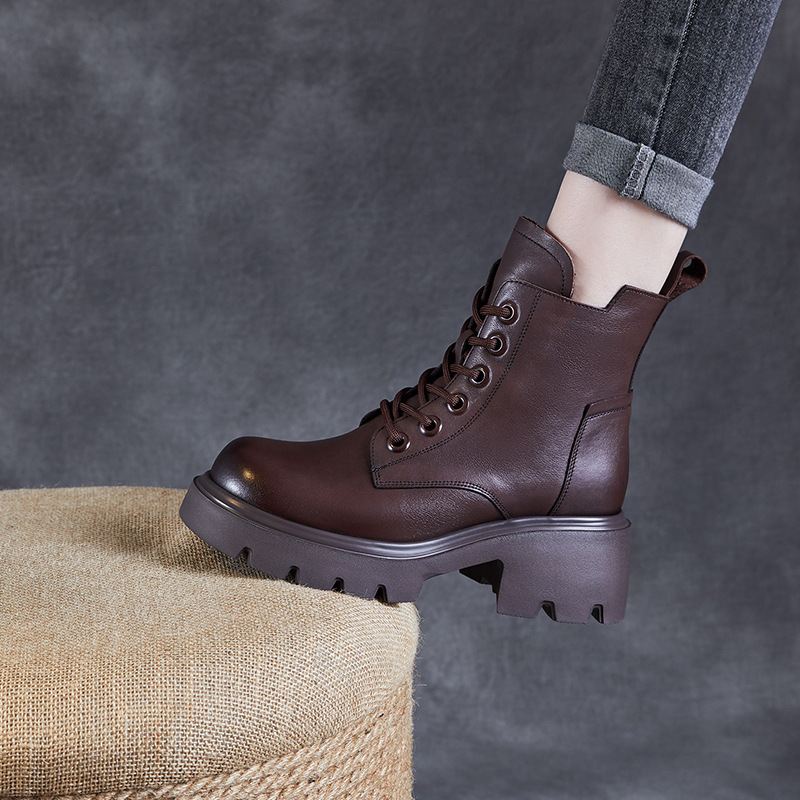 Martin Boots for Women, British Style, 2024 Autumn and Winter New Retro Genuine Leather Short Boots, Thick-Soled Height-Increasing Casual Mid-Calf Boots