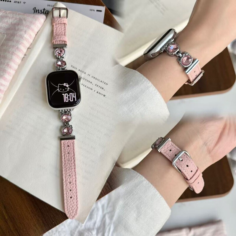 Thin Cartoon Kt Cat Zircon Leather Strap Suitable for Applewatchs10 Genuine Leather with Lychee Pattern Iwatch9S8