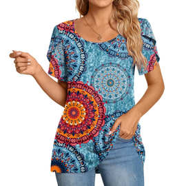 2023亚马逊跨境女装休闲印花女款修身T恤圆领短袖T恤长款青春