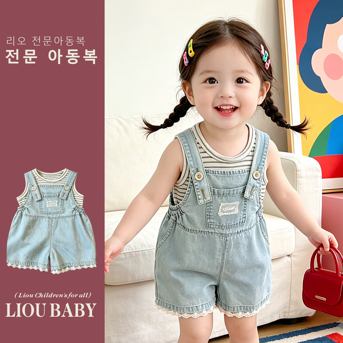 Girls' Summer 2026 New Stylish Lace Denim Overalls and Striped Tank Top Two-Piece Set for Baby Girls