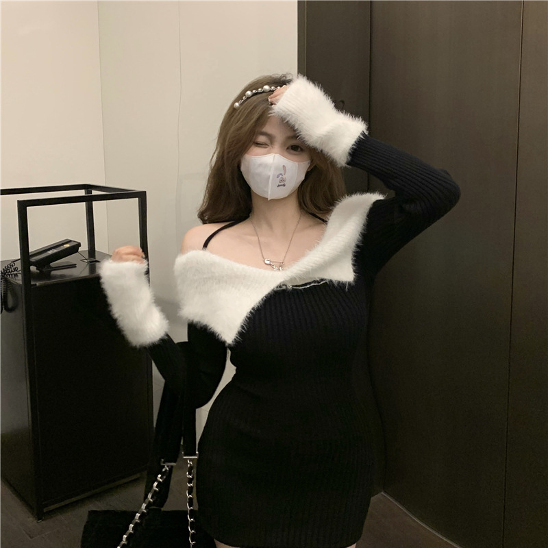 Off-shoulder knitted sweater dress women's autumn and winter red Christmas atmosphere sexy sheath skirt Off-shoulder knitted sweater dress women's autumn and winter red Christmas atmosphere sexy sheath skirt