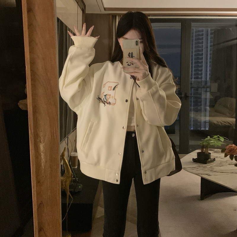 2025秋冬新款美式复古刺绣棒球服外套女宽松小众设计休闲立领夹克|undefined