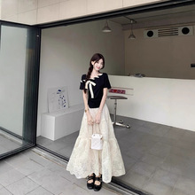 甜美提花刺绣蕾丝拼接半身裙2025新款胖mm高腰显瘦中长款半身裙子