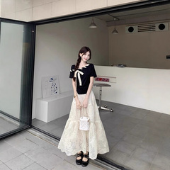 甘いジャカード刺繍レーススプライシングスカート 2025 新しいファット mm ハイウエストスリムミッドレングススカート