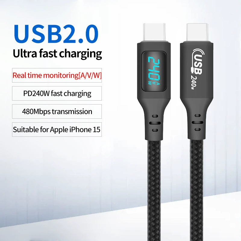 USB2.0 видимый сверхзарядный кабель 240W с LED-дисплеем