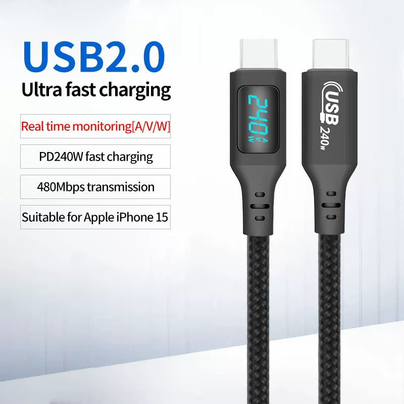 USB2.0 видимый сверхзарядный кабель 240W с LED-дисплеем