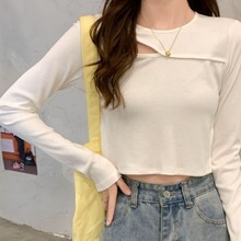 短款t恤女长袖2023秋季新款设计感镂空圆领上衣