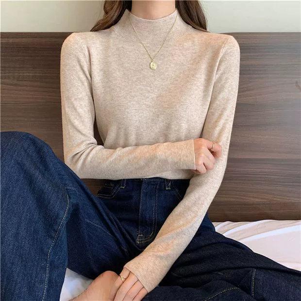 Трансграничная прямая трансляция с пальто осенне-зимний новый тонкий полувысокий воротник вязаный нижний свитер сплошной цвет внутренний свитер женская одежда