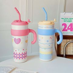 女の子向けの大容量デスクトップアイスカップ、見栄えの良いダブルストローカップ、オフィスティーステンレス鋼冷水カップ