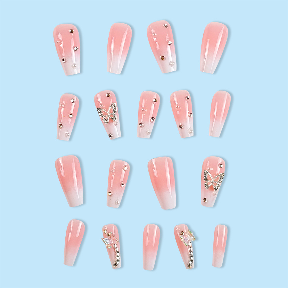 24 piezas de color blanco rosado mariposa desgaste de uñas trapezoides parches de uñas al por mayor
