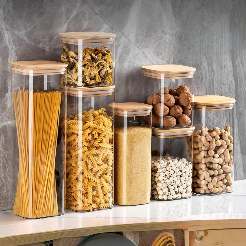 Transparent Glass Storage Jars Wholesale, Multi-Specification Sealed Jars with Bamboo Lids, Grain Storage Bottles, Glass Jars for Portioning