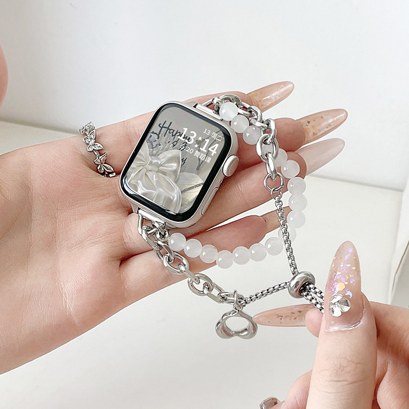 Suitable for Apple Watch S9/S10 Strap S11/Se Generation Ladies Ins Metal Strap Pearl Chain Summer