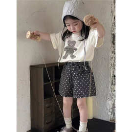 女宝夏款新品韩系做旧小熊玩偶印花T波点短裤套装韩系幼儿园穿搭