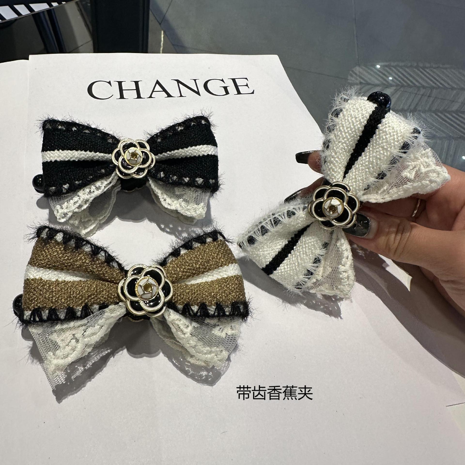 跨境法式小香風髮夾優雅氣質蕾絲茶花香蕉夾盤黑白髮夾發卡頭飾