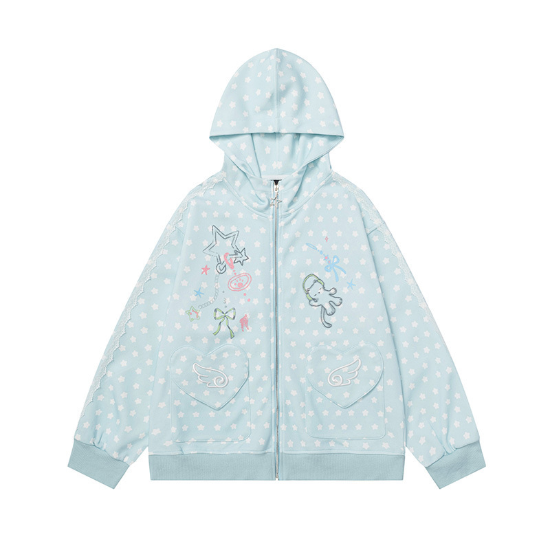 Korean-Style Cat and Star Print Hooded Sweatshirt for Women, Early Spring Versatile Loose Lazy Style Cardigan Cute Style Jacket