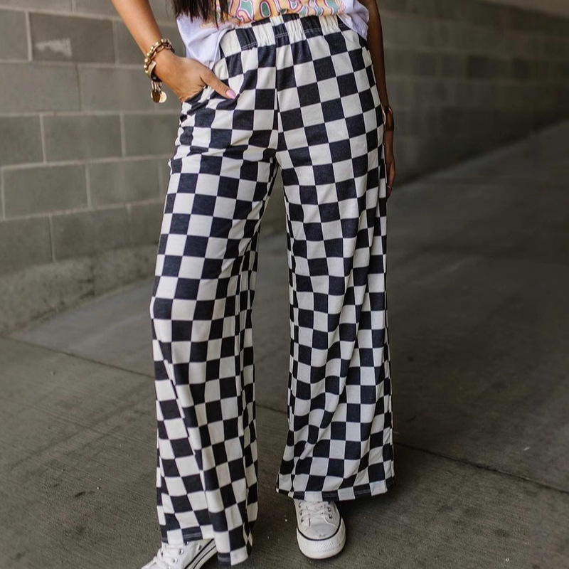 Cross-border Spring New Checkboard Printed Casual Pants Women's European and American Personality Niche Loose High Waist Wide-leg Pants Cross-border Spring New Checkboard Printed Casual Pants Women's European and American Personality Niche Loose High Waist Wide-leg Pants