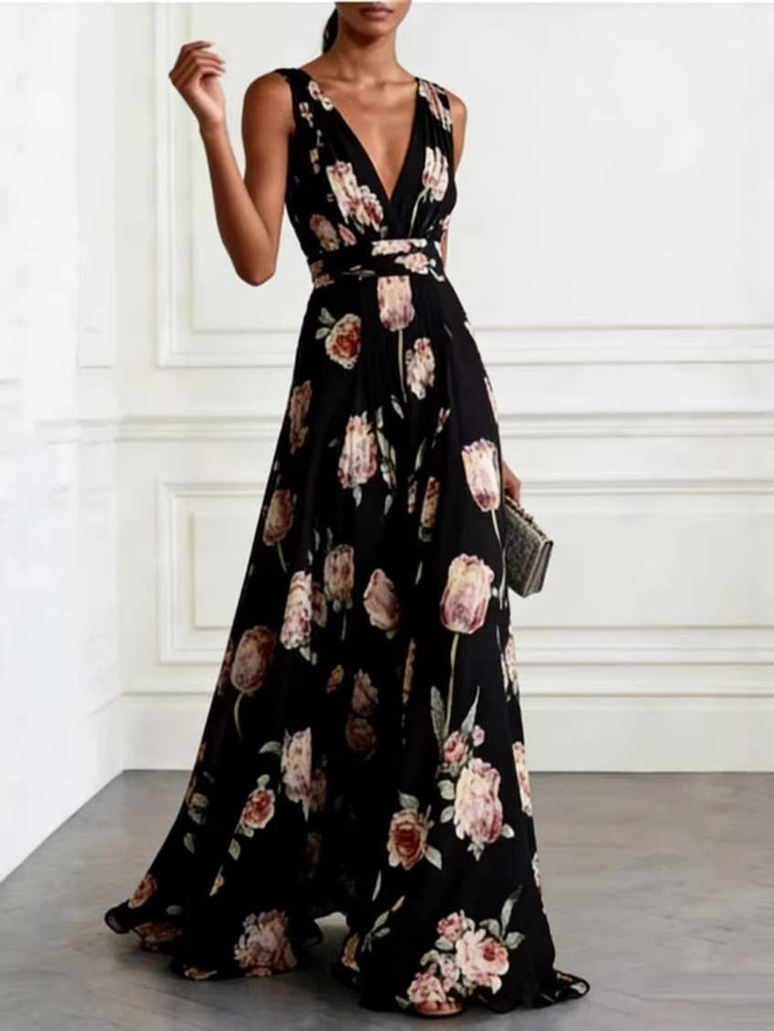Robe transfrontalière européenne et américaine, imprimé tulipe bleue, style banquet, sans manches, col en v, nouvelle collection été 2026