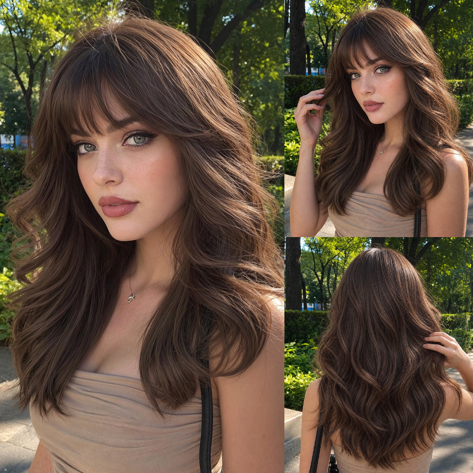 Pelucas de corte de estilo europeo y americano, pelucas con flequillo, cubiertas completas para mujer, cabello rizado, grandes ondas, cubiertas de fibra química, wigs