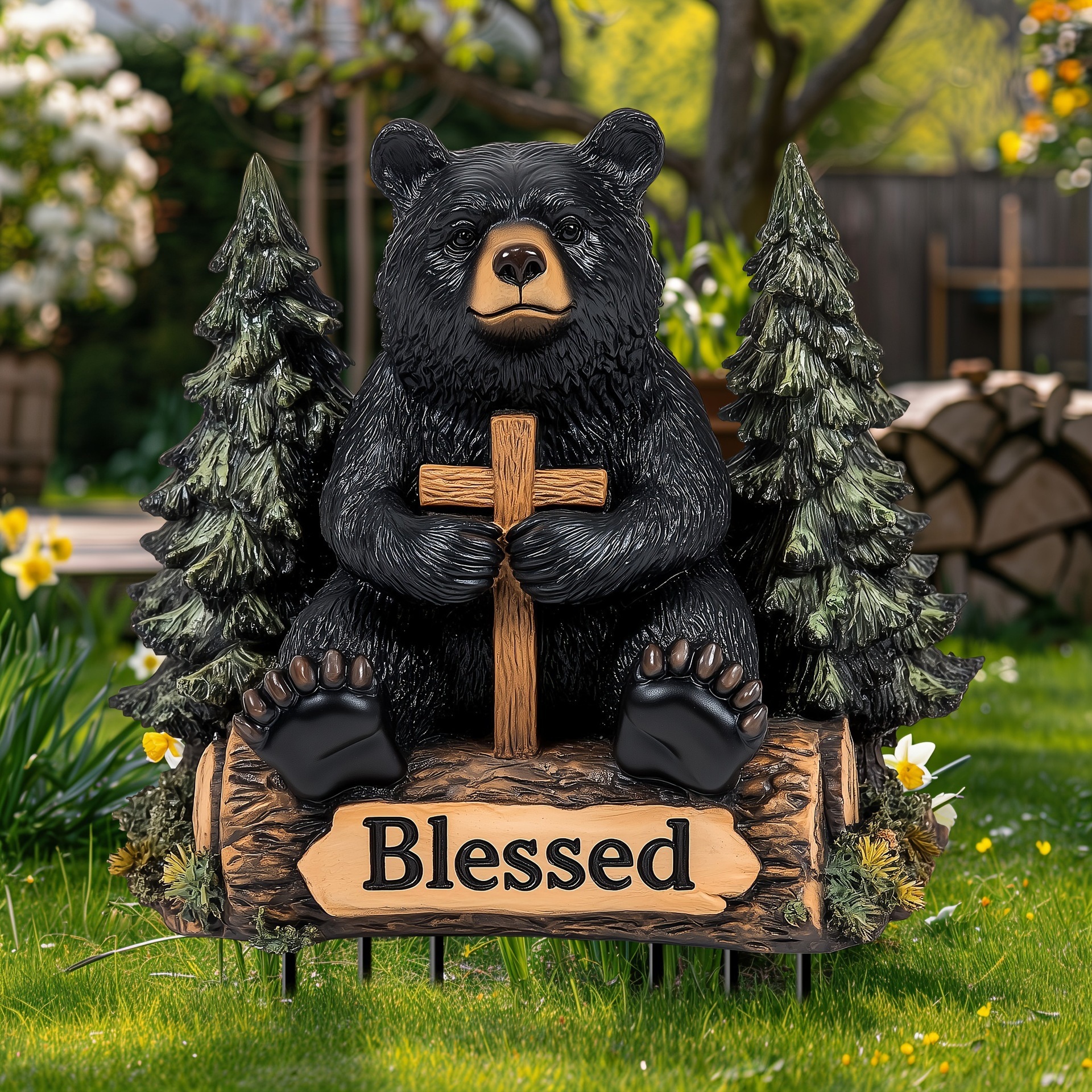 Charming Black Bear Garden Stake Acrylic Flower Pot Decor For Lawn_voghion.com