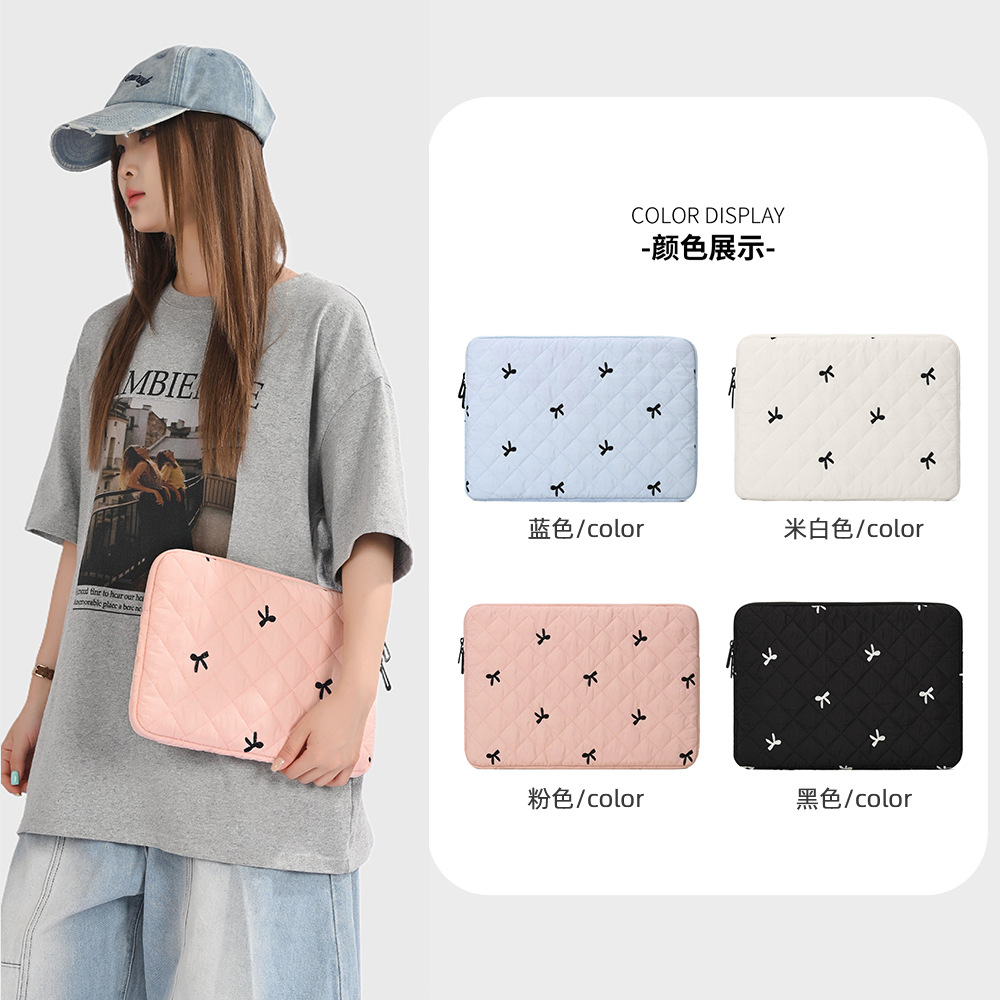 Embroidered Bowknot Quilted Laptop Bag, Simple and Lightweight Shockproof Inner Sleeve, Commuting Tablet Protective Case
