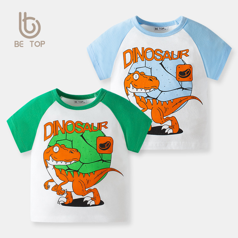 Ser la parte superior de la ropa de los niños de manga corta de dibujos animados dinosaurio bebé impreso flor manga superior camiseta de los muchachos suéter de cuello redondo