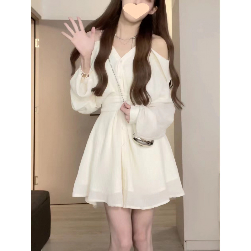 夏季女装连衣裙女2025流行裙子套装杏色温柔长袖短裙露肩字裙|undefined
