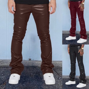 2023 autumn and winter European and American men's leather pants foreign trade fashionable mid-waist loose casual trousers men's plus size hip hop pants