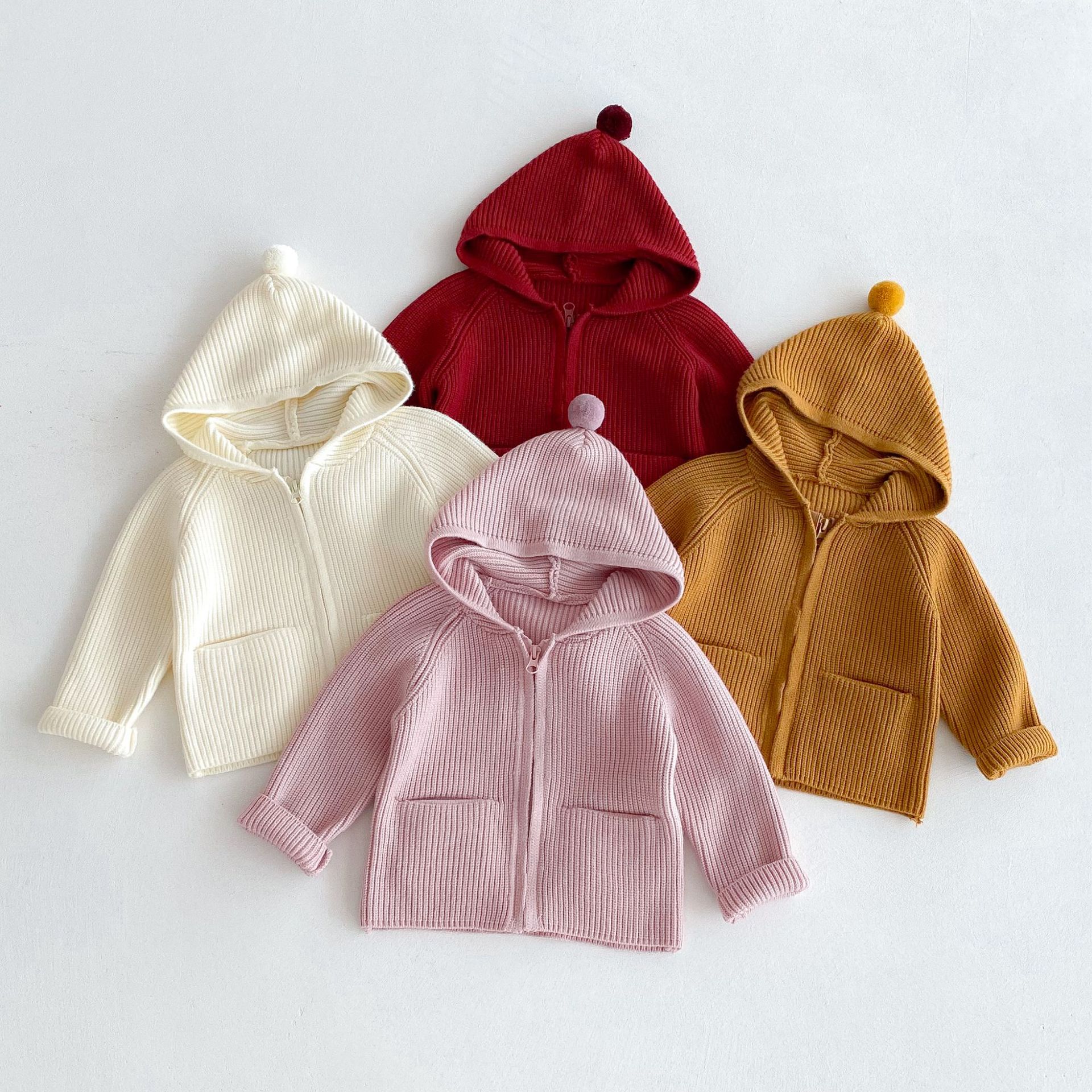 New autumn/winter sweater for 1-4 year old girls, hooded ribbed knit cardigan, solid color.