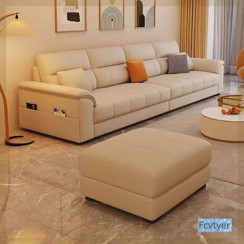 Cream Leather Sofa Furniture for Autumn, Cat Scratch-Resistant, Light Luxury, Small Apartment, Living Room, Modern Villa, Straight Row Ventilation