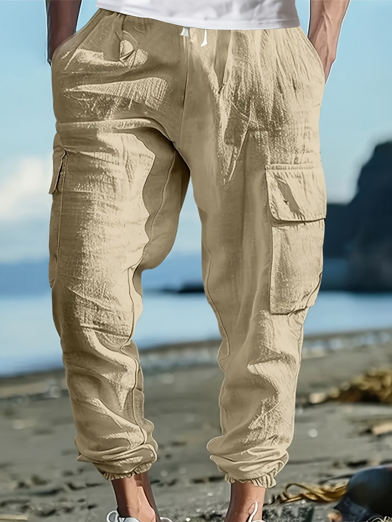 Men's Linen-Cotton Casual Jogger Pants, Relaxed Fit Drawstring Multi-Pocket Trousers For Autumn_viptrois.com
