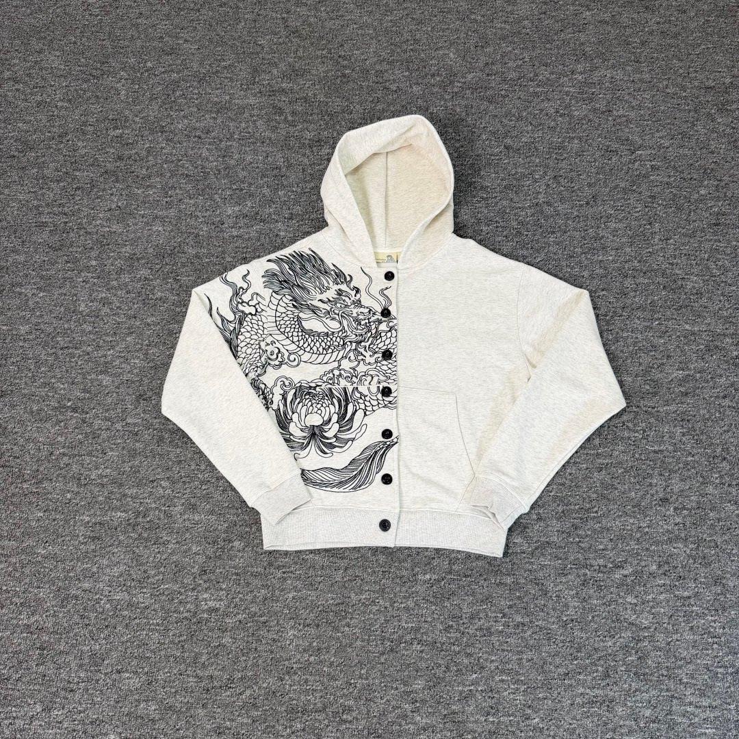 derschutze Chinese-style dragon embroidery hooded sweatshirt, autumn collection, unisex, loose-fitting, casual, button-down cardigan, trendy