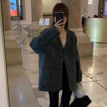 现货2025冬季新韩国东大门OU*CE气质纯色v领单排扣羊毛大衣外套女