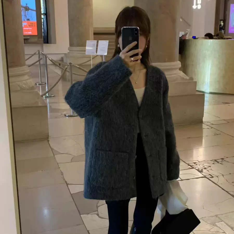 6天 2025冬季新韩国东大门OU*CE气质纯色v领单排扣羊毛大衣外套女