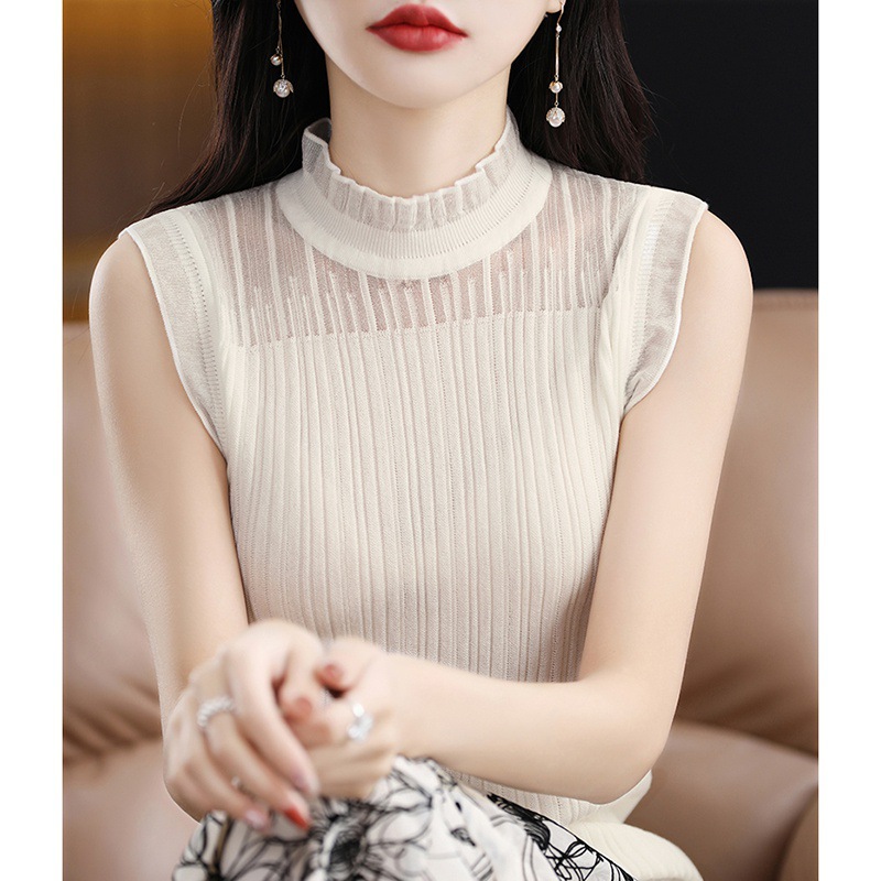 木耳边半高领羊毛背心女内搭砍袖针织打底衫无袖镂空上衣薄款春夏