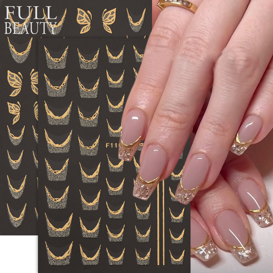 跨境新款美甲贴 ins闪粉烫金边潦草法式线条花卉蝴蝶背胶指甲贴纸