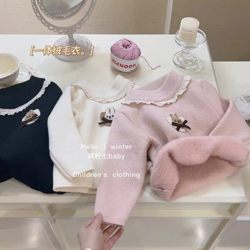 Детский теплоутепленный вязаный свитер из fleece, утолщённый, воротник в западном стиле, размеры 73–130 см