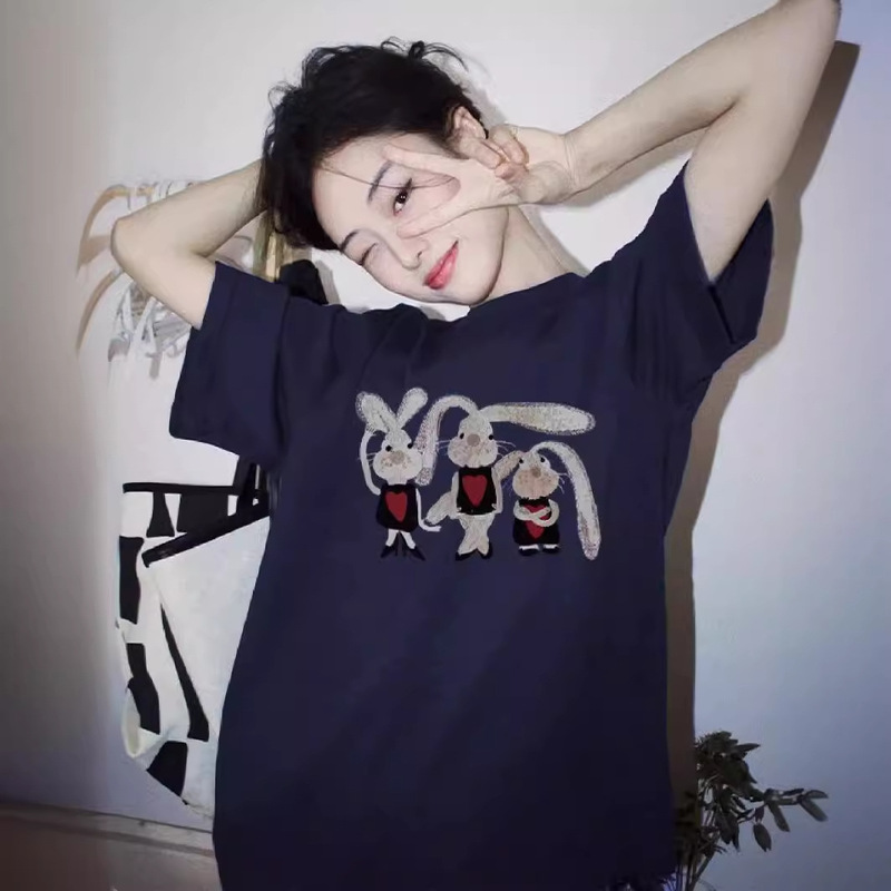 plus size Pure Cotton American Shoulder Short-sleeved T-shirt Women's Summer Design Sense Niche Hong Kong Flavor Chic Couple Half-sleeved Top