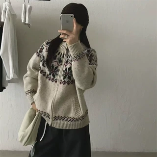 韩版秋冬圆领费尔岛高级毛衣慵懒开衫宽松上衣针织衫外穿搭外套女