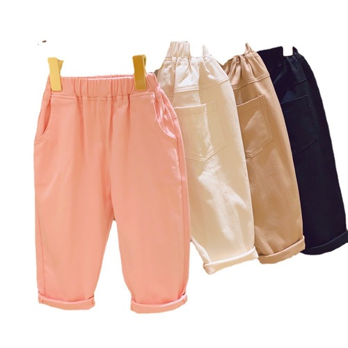 Girls Solid Color Loose Version Casual Versatile Cuffed Cuff Work Wear Wide Leg Pants Spring Clothes Small and Medium-sized Girls Simple Pants