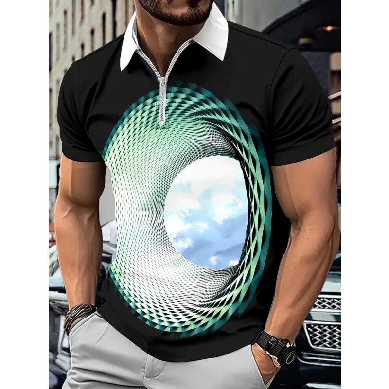 Venta caliente transfronteriza creativo visual vórtice 3D impresión digital para hombres calle alta suelta manga corta cremallera camisa POLO