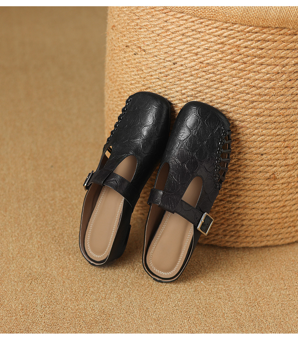 Dép nữ quai chữ T mũi nhọn kiểu vintage, đế bệt, size 34–41 — đen chi tiết 23