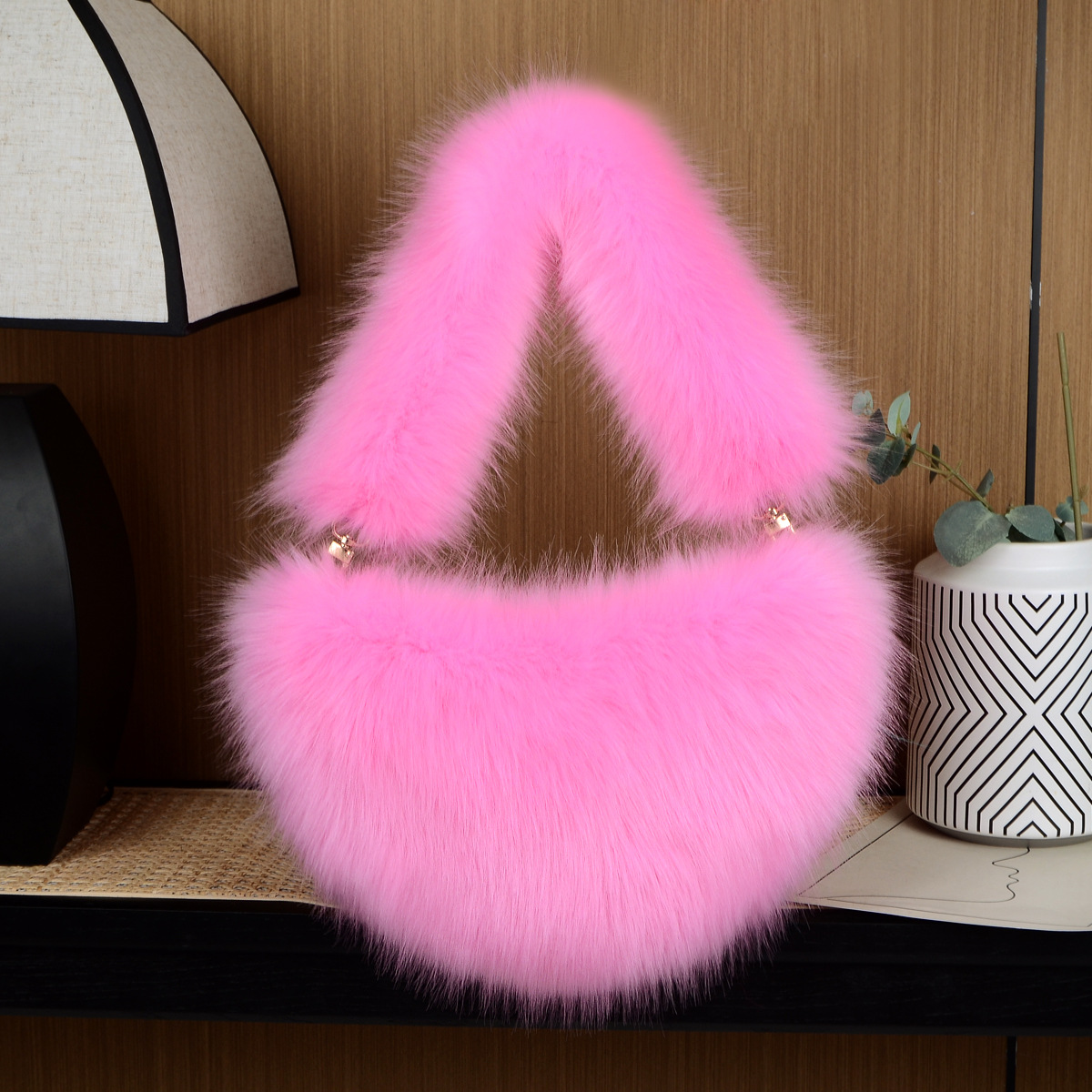 Fashion women's bags solid color plush messenger bag women's wool semi circular dumpling bag handbag_voghion.com