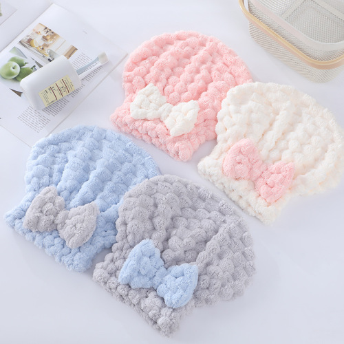 Coral velvet new cloud grid dry hair cap cute bow absorbent women's turban manufacturer wholesale thickened shower cap