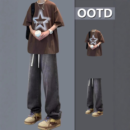 Men's Summer Small Sweet Potato Short Sleeve T-Shirt Set with Streetwear Jeans Loose and Stylish Boy Outfit