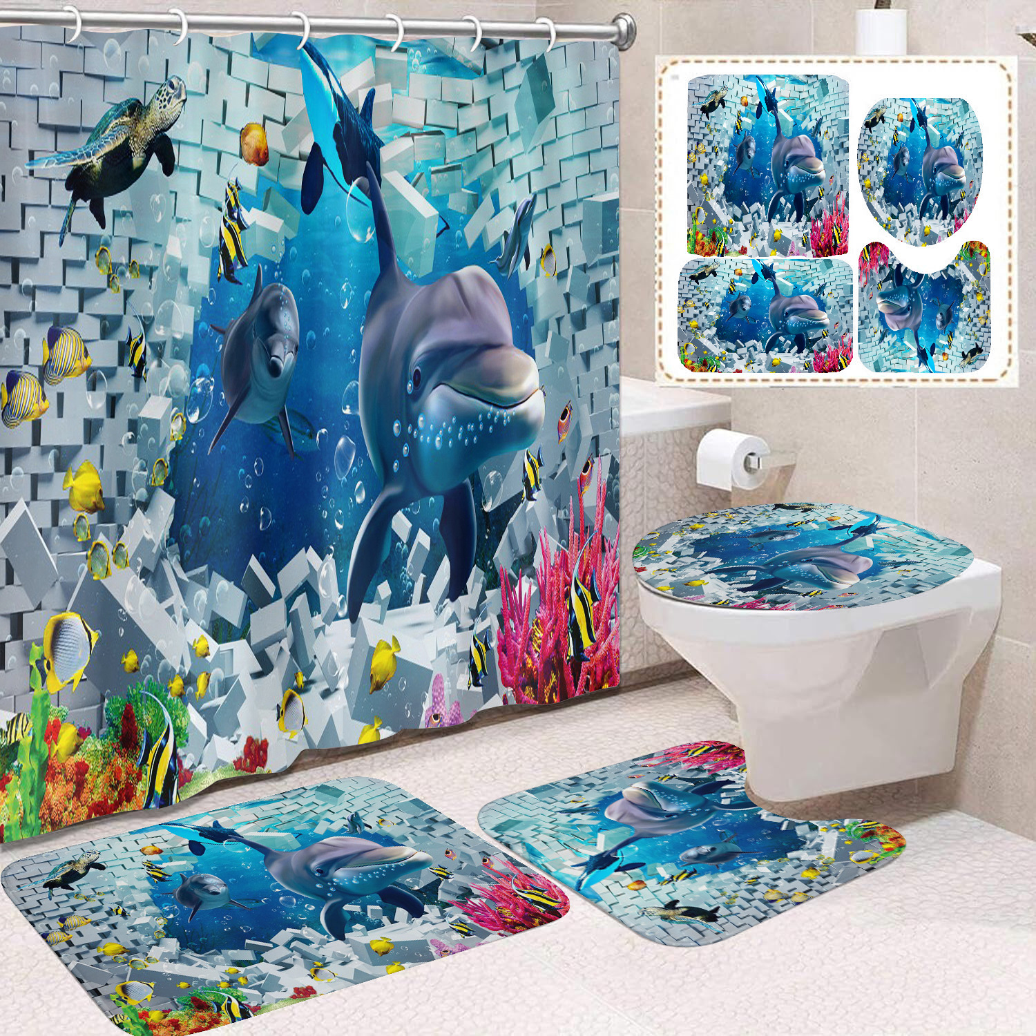 Cortina de ducha transfronteriza con diseño de delfines azules, estampada digitalmente, de poliéster, sin perforaciones, para baño, decoración del hogar image 4